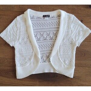 Y2K Cropped Shrug Sweater White Short Sleeve Juniors M Questions by Say What USA
